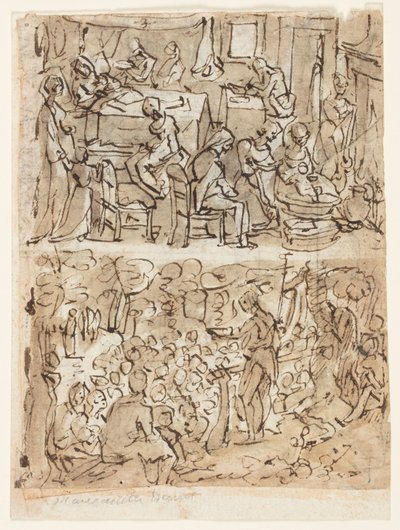 Fire scener fra Johannes Døberens liv, foreløbige designs til en printserie (recto og verso) af Jan van der Straet, called Stradanus