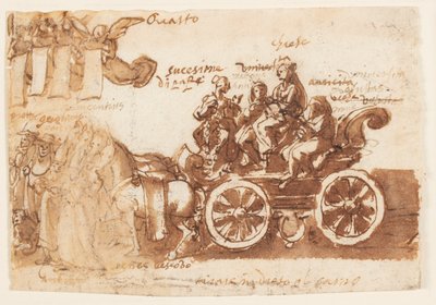 Side i en skitsebog; Vogn og tre heste af Jan van der Straet, called Stradanus