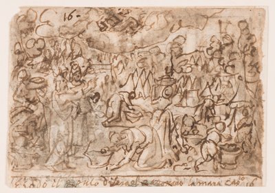 Side i en skitsebog; Exodus - indsamling af manna; Ofre af Jan van der Straet, called Stradanus