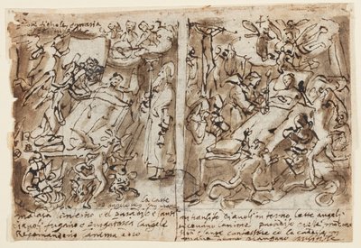 Side i en skitsebog; Himmelske magter hjælper fromme; Skitse til portræt af helgen; Dekoration af fronton af Jan van der Straet, called Stradanus