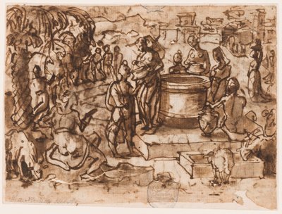 Side i en skitsebog; Moses og Jetros døtre af Jan van der Straet, called Stradanus