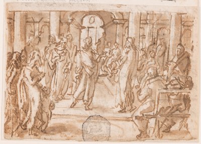 Peter og John Adspurgt af det høje råd, foreløbigt design til "Spiritus Scientiae" (Videnskabens ånd), plade 5 i printserien "Seven Gifts of the Holy Spirit" af Jan van der Straet, called Stradanus