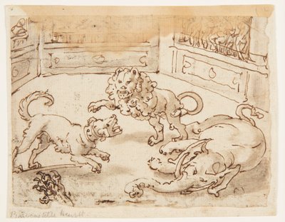 Rekto: Alexander den Store ser på en kamp mellem sin hund og en elefant og en løve; Verso: Verso: inskription vedrørende Plinius den Ældres naturhistorie, bog 8, kap. 61 af Jan van der Straet, called Stradanus