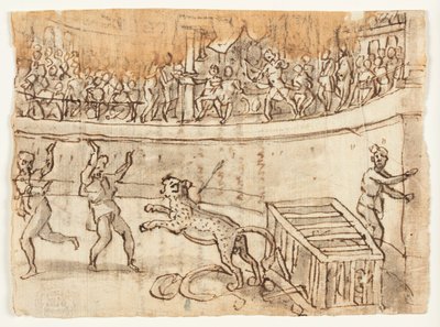 Til højre: Kejser Commodus dræber en leopard; Verso: Skitse af Luigi Alamanni og inskription i hånden vedrørende Herodianus