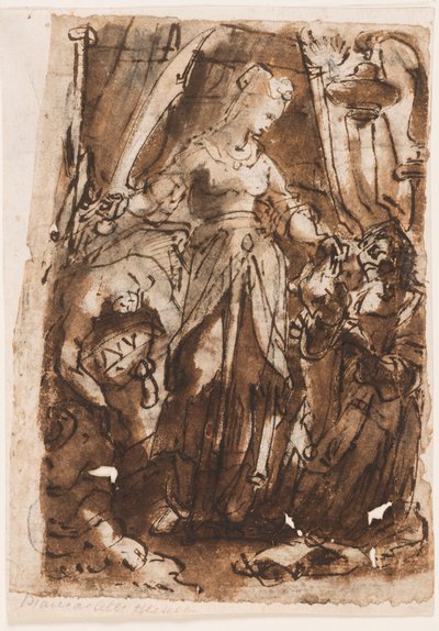 Rekto: Judith med hovedet af Holofernes; Verso, venstre: Judith med hovedet af Holofernes; Verso, til højre: foreløbigt design til titelblad til trykt serie af De syv dyder af Jan van der Straet, called Stradanus