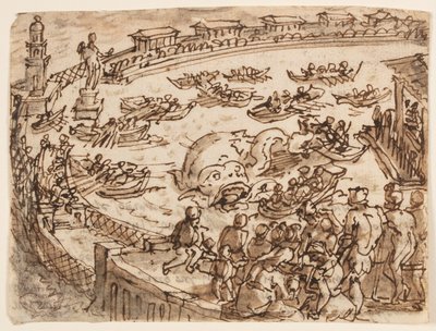 Recto: Hvaljagt af kejser Claudius i havnen i Ostia; Verso: inskription vedrørende Plinius den ældres naturhistorie, bog 9, kap. 5 af Jan van der Straet, called Stradanus