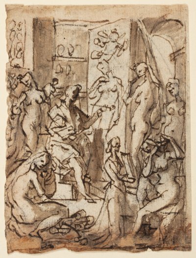 Rekt: Zeuxis maleri Helen; Verso: Studier af figurer til en illustration af den ottende cirkel, tiende bolgia af Dantes Inferno (forfalskninger: Mester Adamo, Sinon af Troja, Potifars kone) af Jan van der Straet, called Stradanus