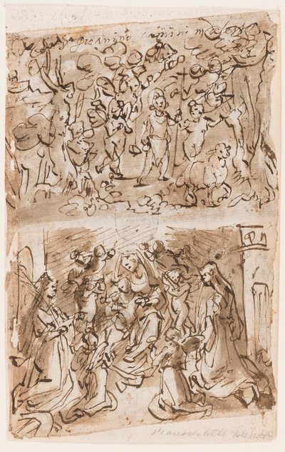 Recto, ovenfor: Unge St. Johannes Døberen guidet af Engle i ørkenen; Recto, nedenfor: Sacra Conversazione med Sts. Barbara og Catherine; Verso, ovenfor: Cruxifiction; Verso, nedenfor: Kristus helbreder lammede nær Bethesda-dammen af Jan van der Straet, called Stradanus
