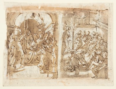 Recto, venstre: The Mocking of Christ; Recto, til højre: Kristus vasker apostlenes fødder; Verso: Henrettelse af Mary Stuart, dronningen af Skotten i 1587 af Jan van der Straet, called Stradanus
