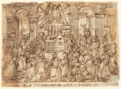 Skitsebogsside med nadver i kirke og hjemme af Jan van der Straet, called Stradanus