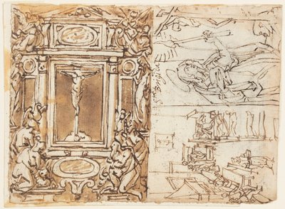 Skitsebog Side; Monument over Marcus Aurelius Antonius med søn; Studie til en gravering af Jan van der Straet, called Stradanus
