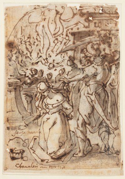 Skitsebogsside med halshugning af en kvindelig martyr af Jan van der Straet, called Stradanus