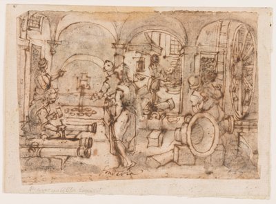 The Invention of Gunpowder, design til "Pulvis Pyrius", pl. 3 i Nova Reperta-serien (New Inventions of Modern Times). af Jan van der Straet, called Stradanus
