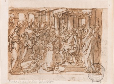 The Judgment of Salomon, foreløbig design til "Spiritus Sapientiae" (Visdommens ånd), plade 1 i printserien "Helligåndens syv gaver" af Jan van der Straet, called Stradanus