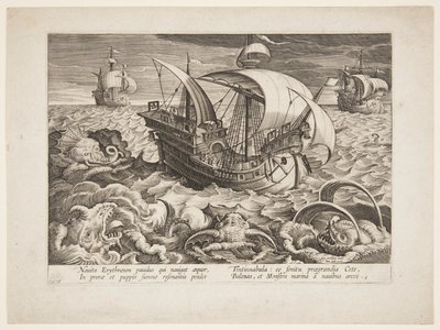 Tre skibe omgivet af monstre af Jan van der Straet, called Stradanus