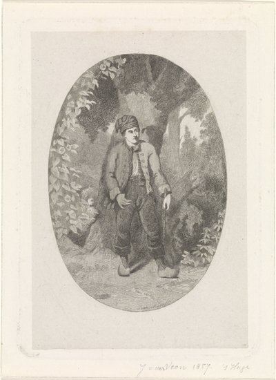Mand ved et træ i en skov af Jan van der Veen (prentmaker)