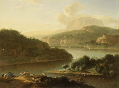 Et flodlandskab med hyrde og bondekone i forgrunden af Jan van der the Younger Meer