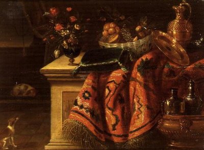 Et stilleben med en vase med blomster, frugt i en skål, en sølvforgyldt æske og tallerken og en pude af Jan van the Elder (follower of) Kessel