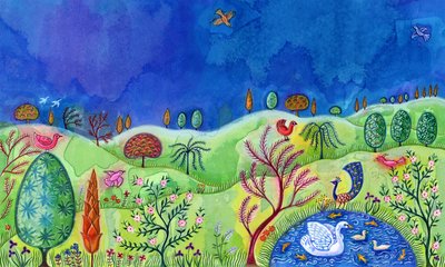 Landskab med svane, 2002, (blæk og gouache) af Jane Tattersfield