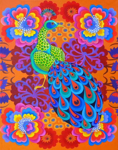Påfugl med blomster, 2015, af Jane Tattersfield