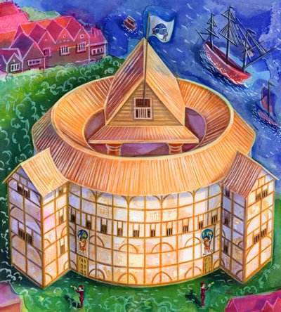 Shakespeares Globe Theatre, 2006, (blæk og gouache) af Jane Tattersfield