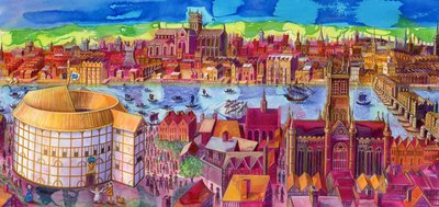 Shakespeares Globe Theatre på Southbank, 2006, (blæk og gouache) af Jane Tattersfield