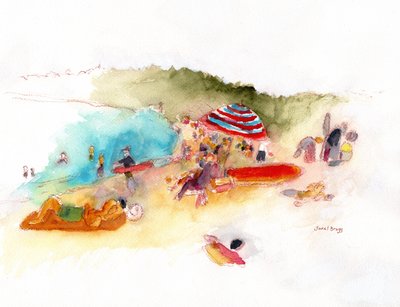 Beach Sunbathers and Surfers at Hanalei Bay, ca. 2019 (akvarel og blyant på papir) af Janel Bragg
