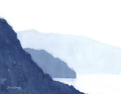 Cap Sante med Hat Island og Foothills, ca. 2021 (kasein på papir) af Janel Bragg