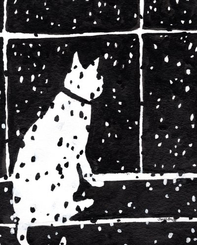 Cat in Window Durning Snow Storm, ca. 2019 (blæk på papir) af Janel Bragg