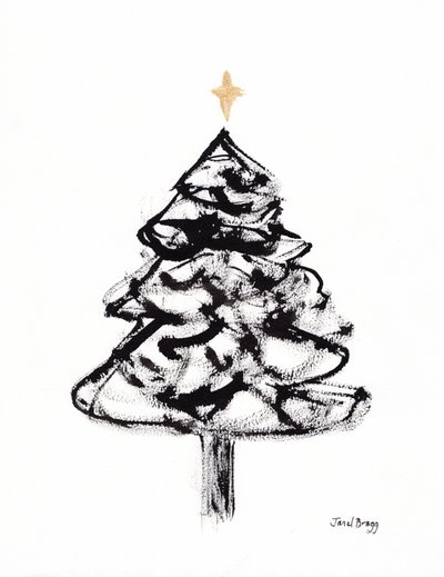 Juletræ med sumi-blæk og guldkors, ca. 2021 (sumi-blæk og akvarel på papir) af Janel Bragg