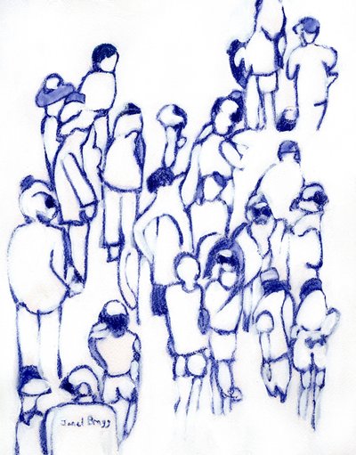 Crowd in Blue, ca. 2024 (blandede medier på papir) af Janel Bragg