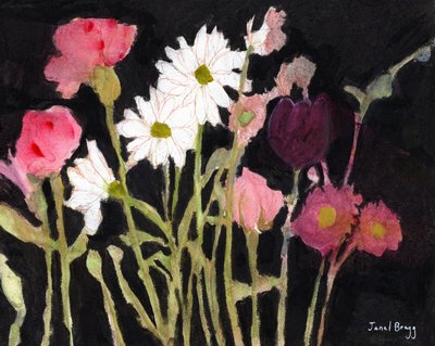 Blomster med tusindfryd, ca. 2024 (kul, akvarel, kasein og blyant på papir) af Janel Bragg