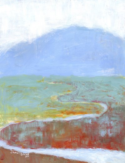 Mountainscape with Slough and Wildflowers for Annabelle, ca. 2021 (kasein og akvarel på papir) af Janel Bragg