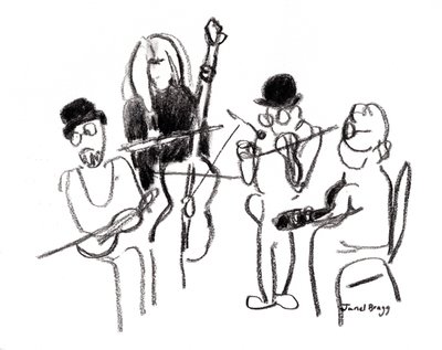 Musikere ved den victorianske festival, ca. 2021 (kul på papir) af Janel Bragg