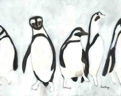 Penguins at Woodland Park Zoo, ca. 2021 (sumi-blæk og gesso på papir) af Janel Bragg