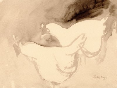 Schuh Farm Chickens, ca. 2019 (blæk på papir) af Janel Bragg