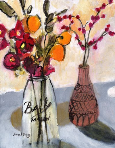 Stilleben med murerbalje og blomster, ca. 2020 (vandteknik på papir) af Janel Bragg