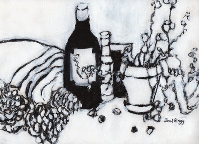 Stilleben med olivenolie og kogler, ca. 2017 (kul og gesso på papir) af Janel Bragg