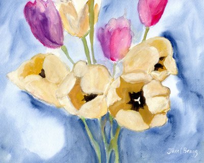 Tulipaner på mors spisebord, ca. 2016 (kasein og akvarel på papir) af Janel Bragg