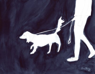 Woman Walking Dog down Commercial Avenue, ca. 2021 (akvarel og blyant på papir) af Janel Bragg