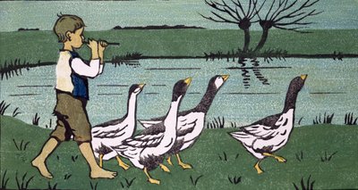 Processionen (træsnit på papir) af Janet Fisher
