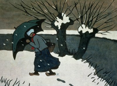 Snestormen (træsnit på papir) af Janet Fisher