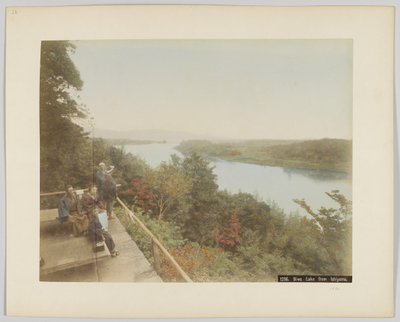 Biwa Lake fra Ishiyama, Shiga-præfekturet, Japan (håndfarvet sort/hvid-foto) af Japanese Photographer