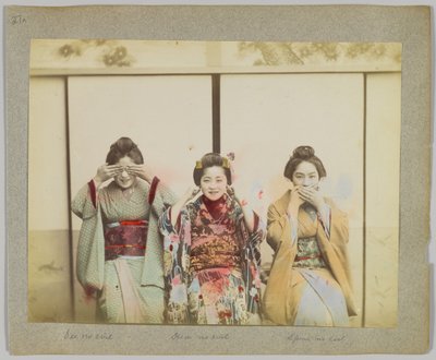 Se intet ondt, hør intet ondt, tal ikke ondt (håndfarvet sort/hvid foto) af Japanese Photographer