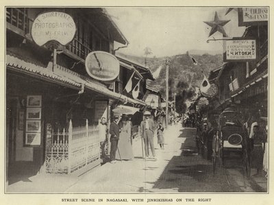 Gadebillede i Nagasaki med Jinrikishas til højre af Japanese Photographer
