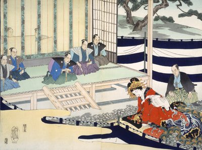 En mand forhører en kvinde, fra et album af træsnit fra det 19. århundrede (tryk af træblok i farver) af Japanese School