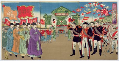 Et møde mellem japanske officerer og koreanske embedsmænd, en episode fra den kinesisk-japanske krig, slutningen af det 19. århundrede (træblok i farver) af Japanese School