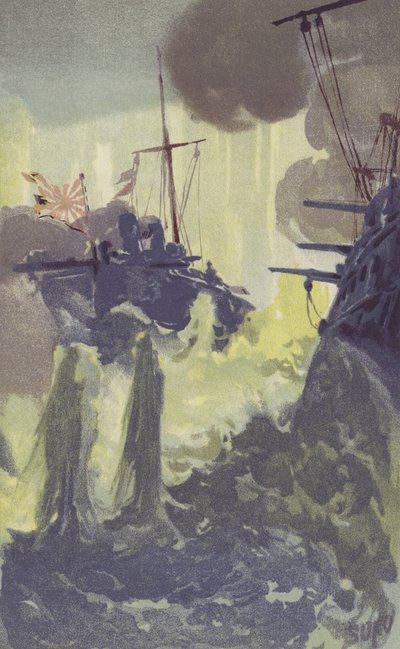 Et natangreb af japanske torpedobådsdestroyere på den russiske eskadron ud for Port Arthur (chromolitho) af Japanese School