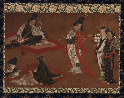 A Picnic Party, hængende rulle (monteret på panel), tidligt 17. århundrede (farve og guld på papir) af Japanese School
