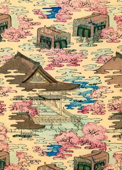 Abstrakt landskab med huse af Japanese School